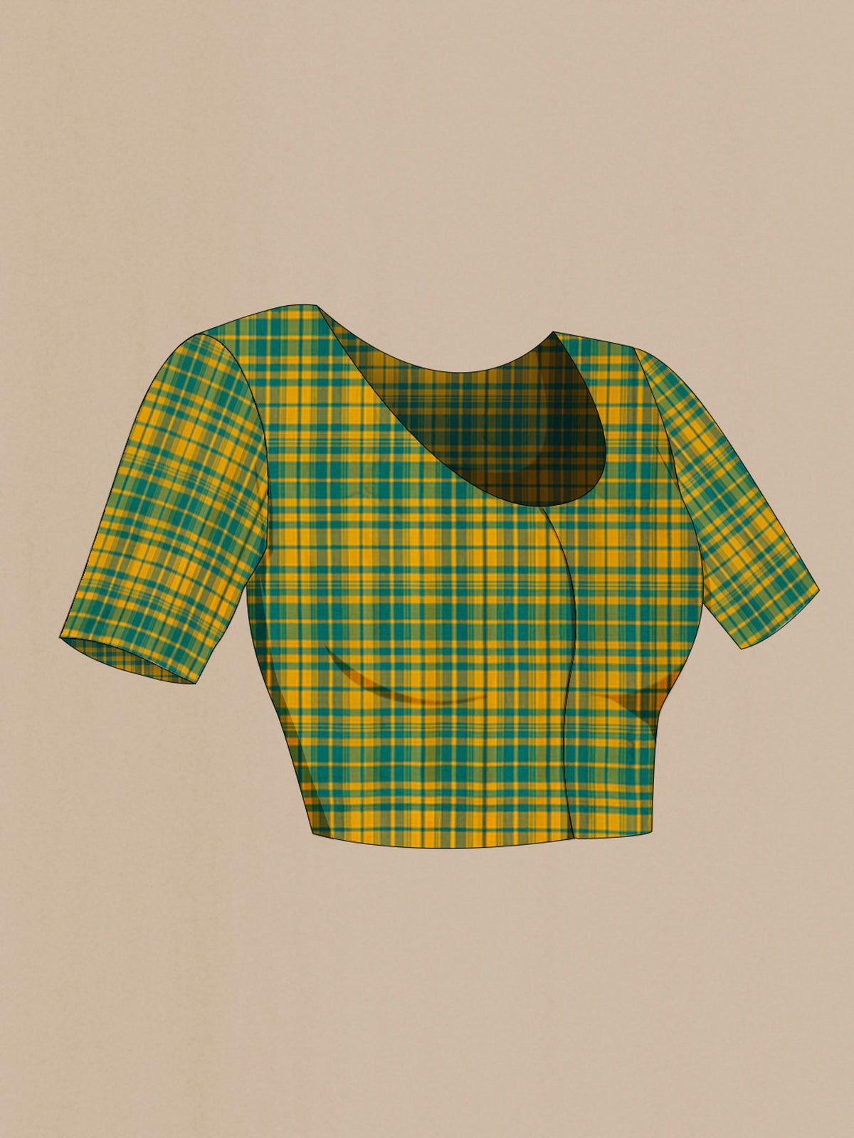 Close up image of the blouse of Green Gadwal Silk Saree with Plain Body and Checks Border. 