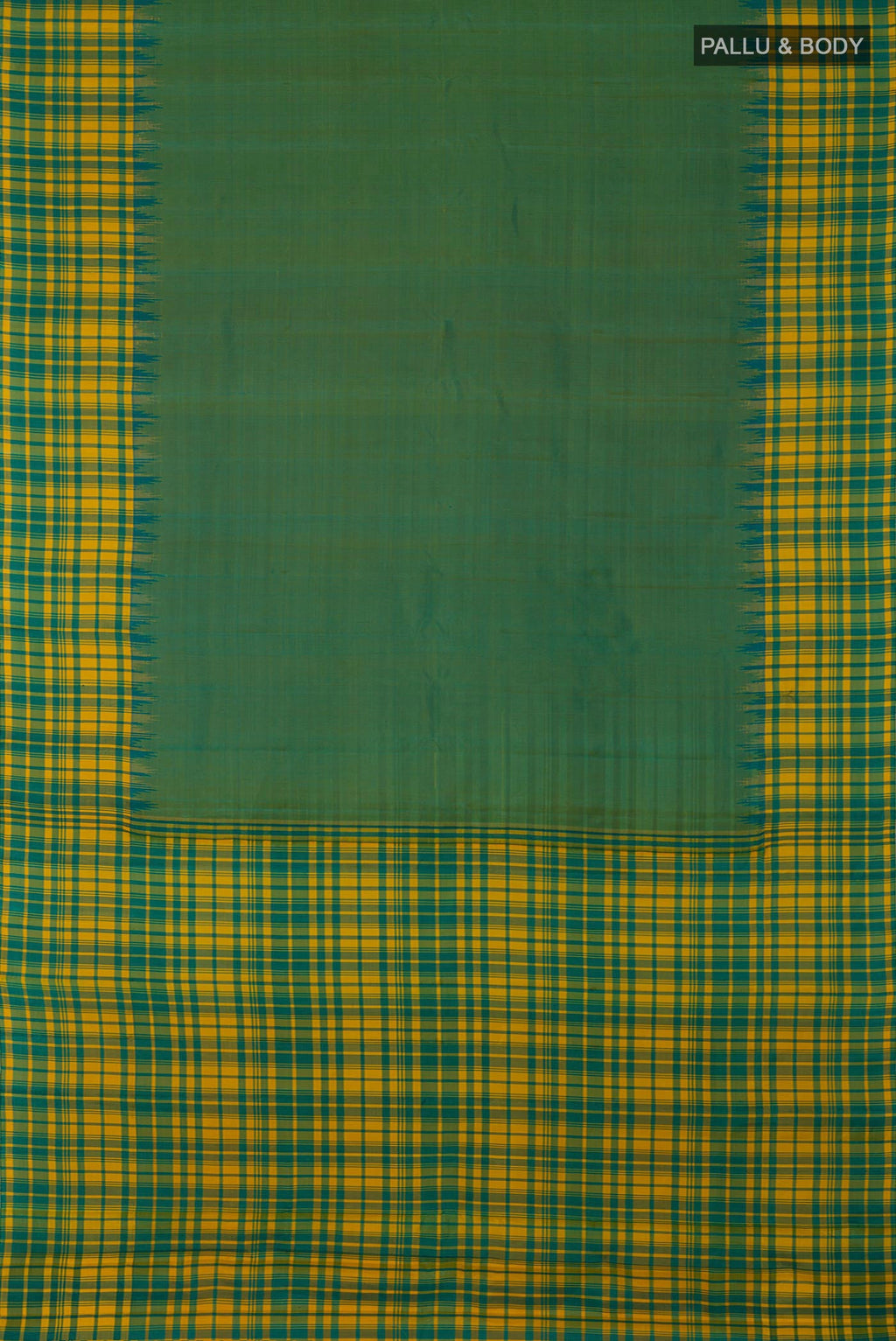 Flat view of Green Gadwal Silk Saree with Plain Body and Checks Border. 