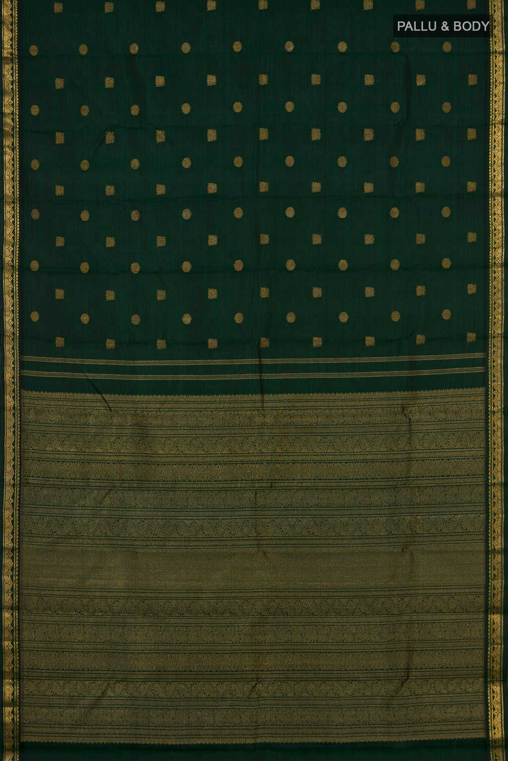 Flat view of Pure Silk Pure Zari Green Kanchipuram Saree with Zari Butta on the body and Zari Border. 