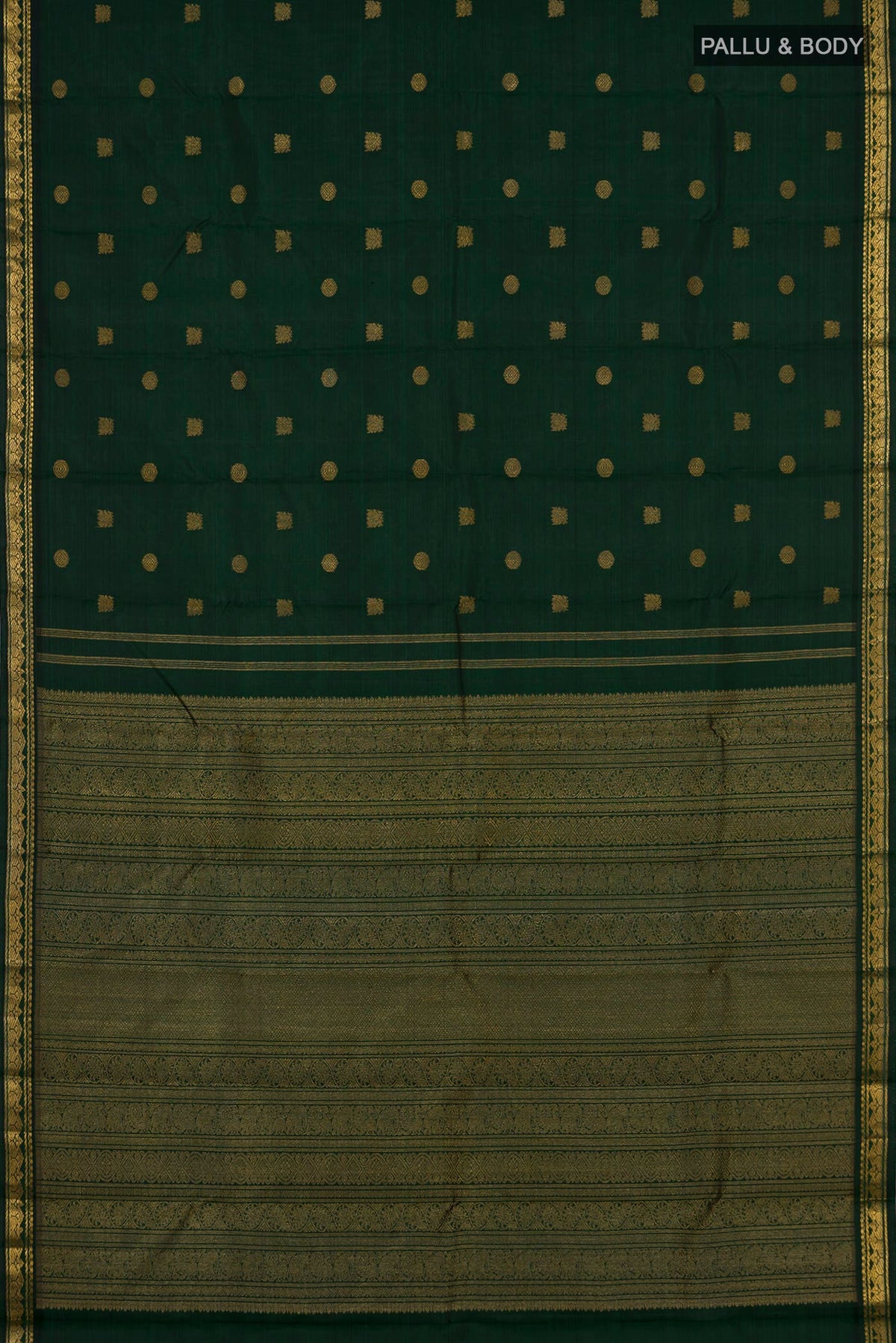 Flat view of Pure Silk Pure Zari Green Kanchipuram Saree with Zari Butta on the body and Zari Border. 