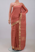 Pure Silk Pure Zari Peach Kanchipuram Saree with Checked design on the body and Zari Border.  displayed on a mannequin