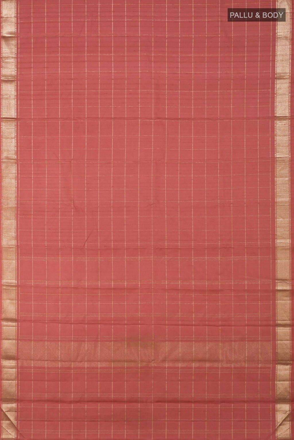 Flat view of Pure Silk Pure Zari Peach Kanchipuram Saree with Checked design on the body and Zari Border. 