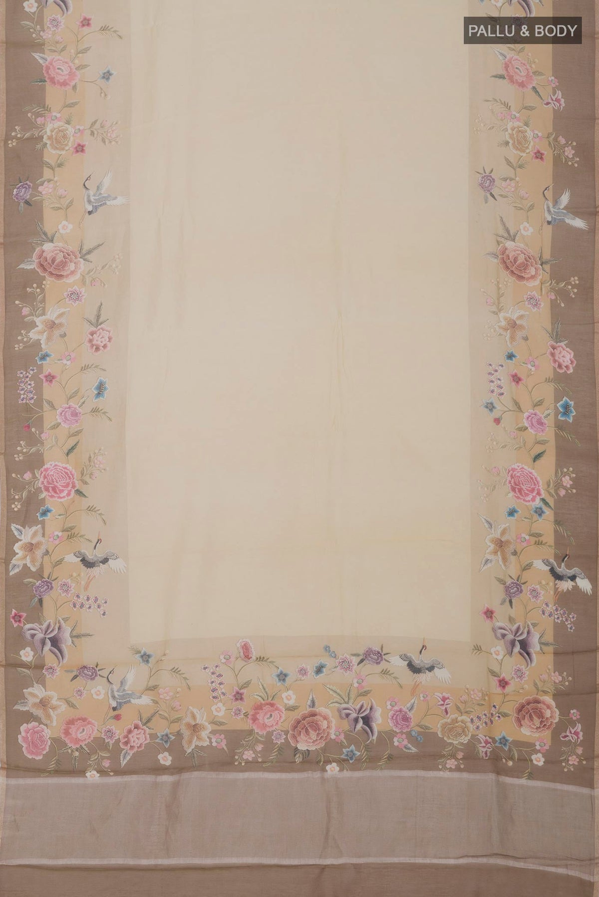 Flat view of Beige Tussar Saree with Plain Body and Fancy Border. 