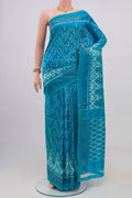 Light Blue Pochampally Silk Saree with Ikat Print on the body and Zari Border.  displayed on a mannequin