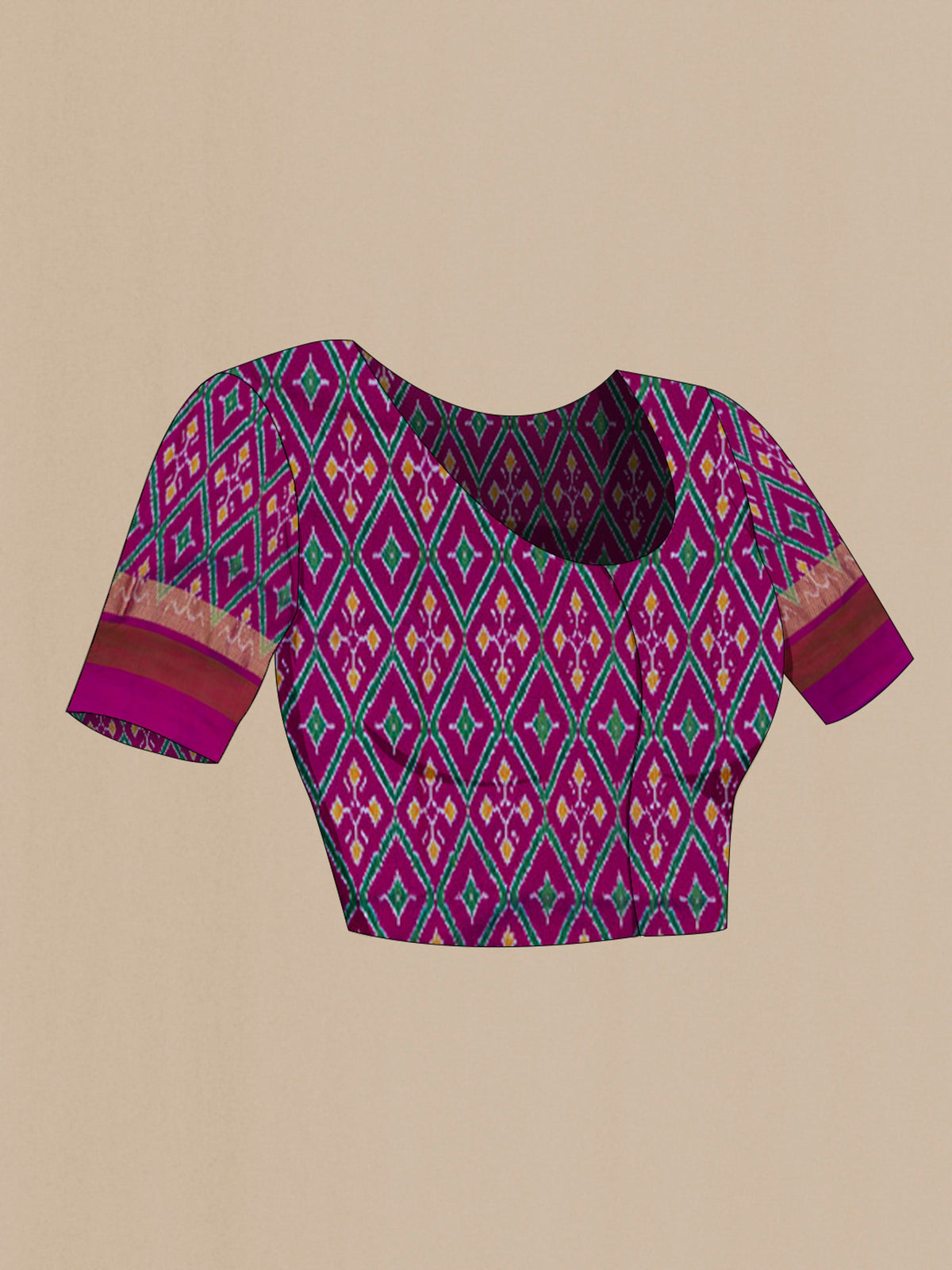 Close up image of the blouse of Black Pochampally Silk Saree with Plain Body and Ganga Jamuna Border. 