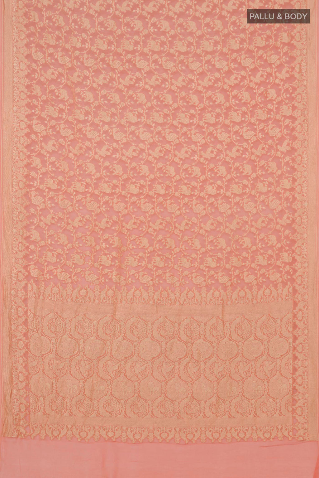 Flat view of Peach Georgette Saree with Fancy on the body and Zari Border. 