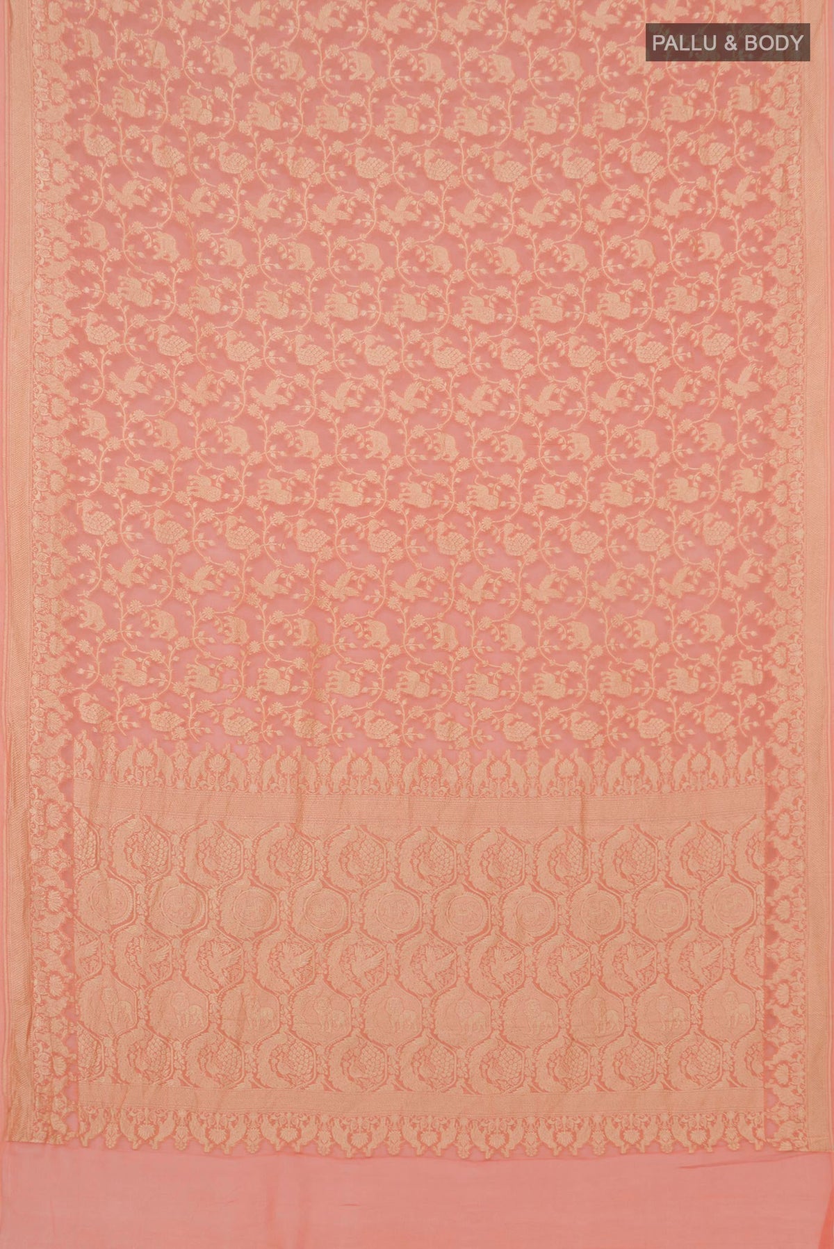 Flat view of Peach Georgette Saree with Fancy on the body and Zari Border. 