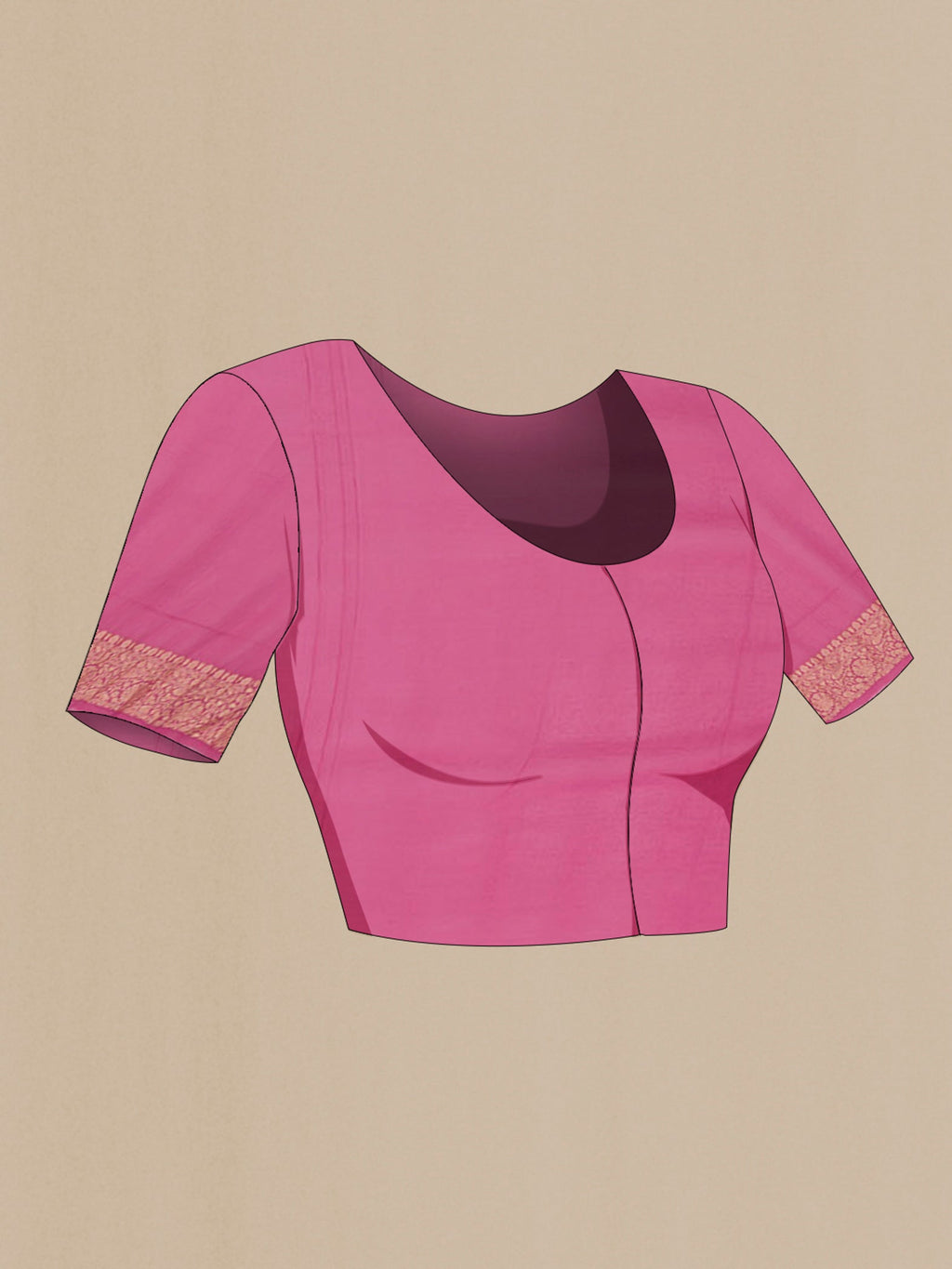 Close up image of the blouse of Pink Georgette Saree with Zari Butta on the body and Zari Border. 
