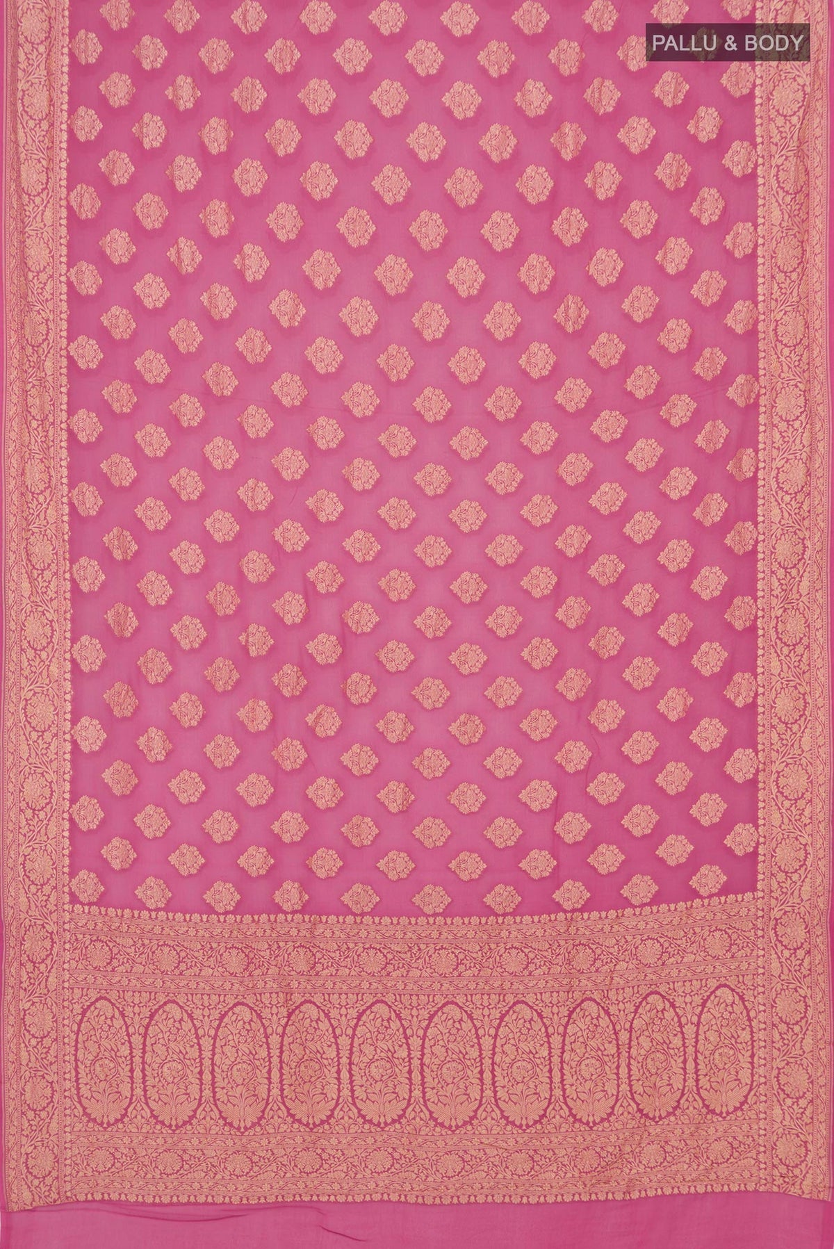 Flat view of Pink Georgette Saree with Zari Butta on the body and Zari Border. 