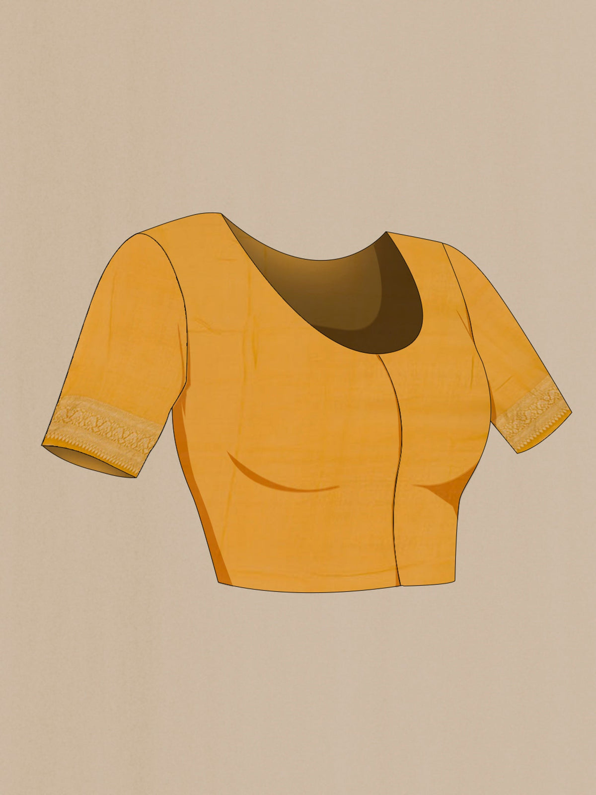 Close up image of the blouse of Yellow Georgette Saree with Zari Butta on the body and Zari Border. 