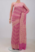 Pink Banarasi Georgette Saree with Zari Brocade on the body and Zari Border.  displayed on a mannequin