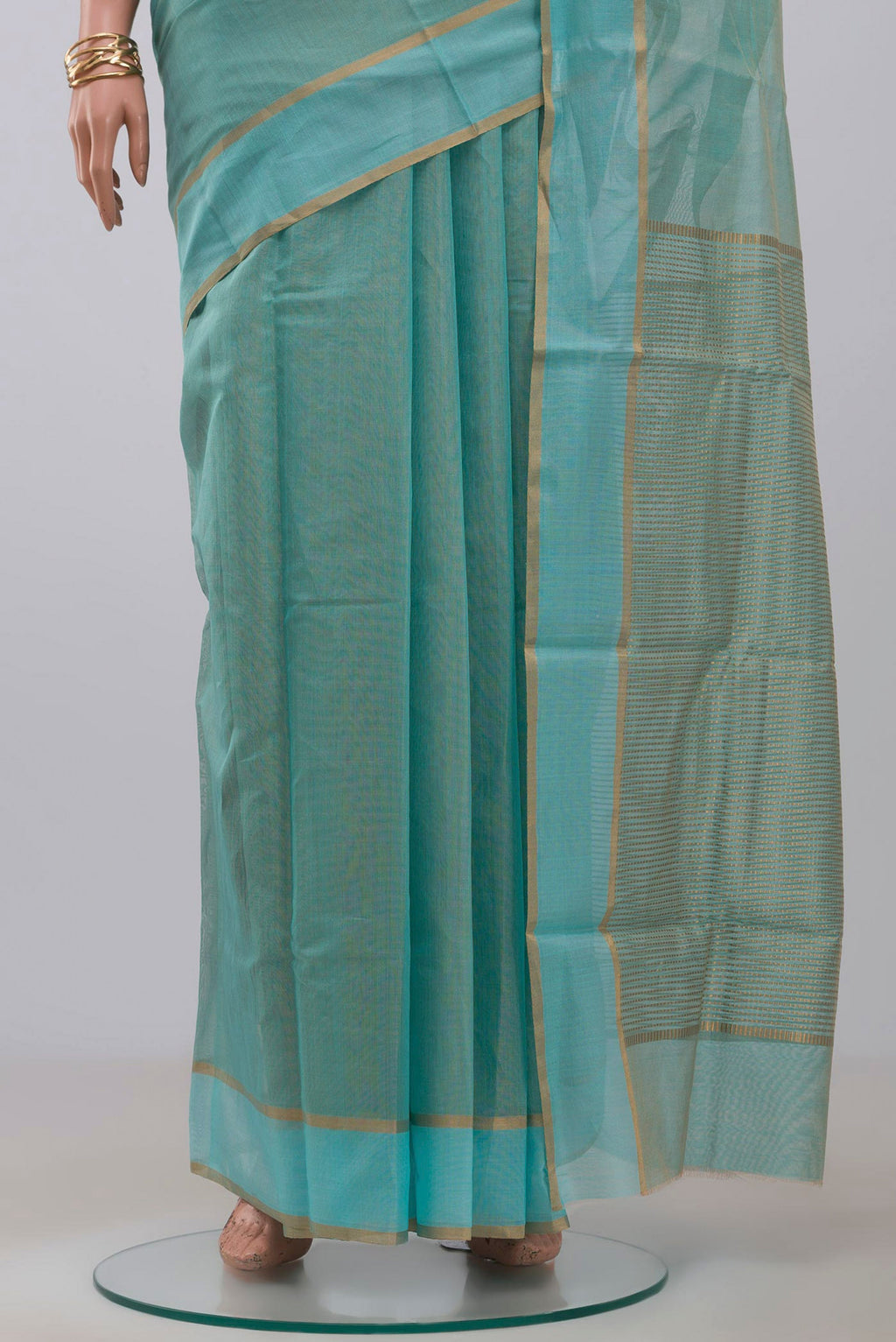 Pleats and pallu of Blue Chanderi Silk Cotton Saree with Plain Body and Zari Border. 