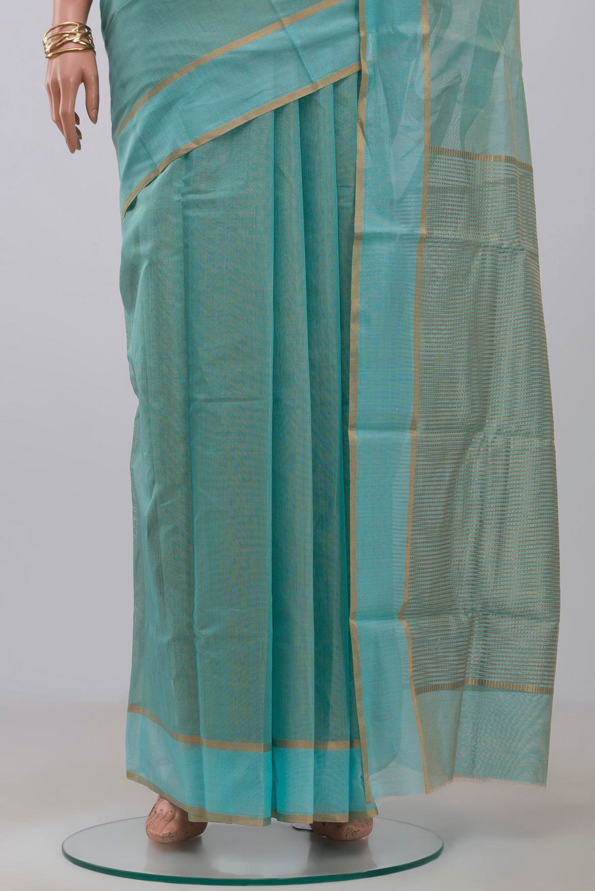 Pleats and pallu of Blue Chanderi Silk Cotton Saree with Plain Body and Zari Border. 