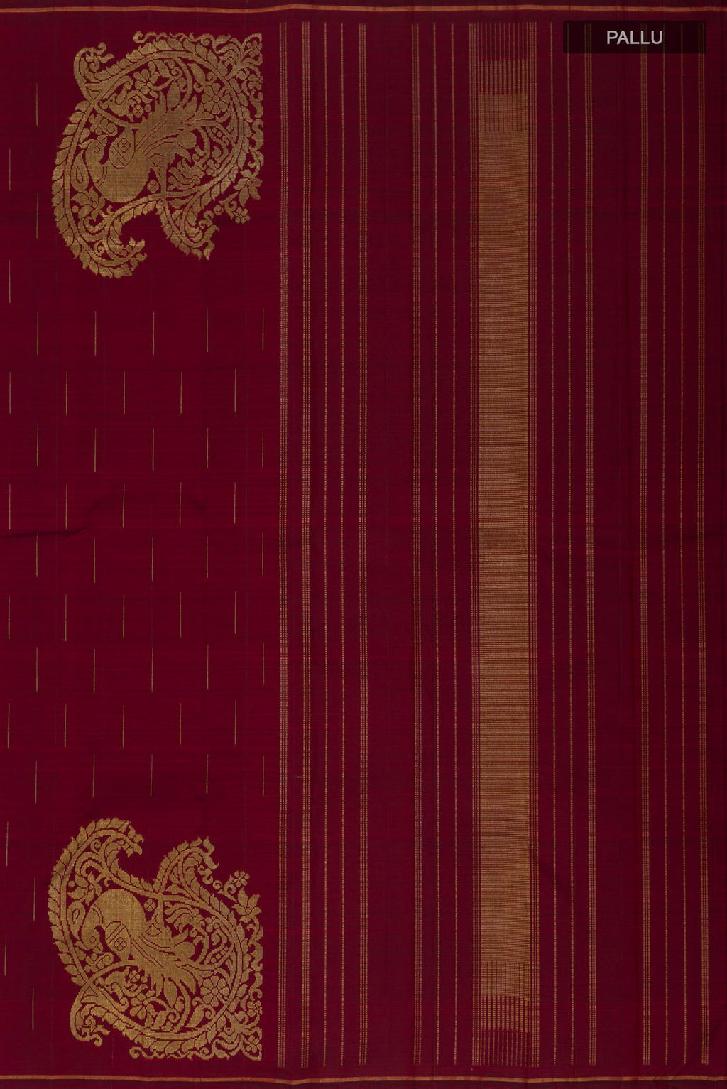 Close up image of the pallu of Maroon Kanjivaram Silk Saree with Fancy on the body and Thin Zari Line. 
