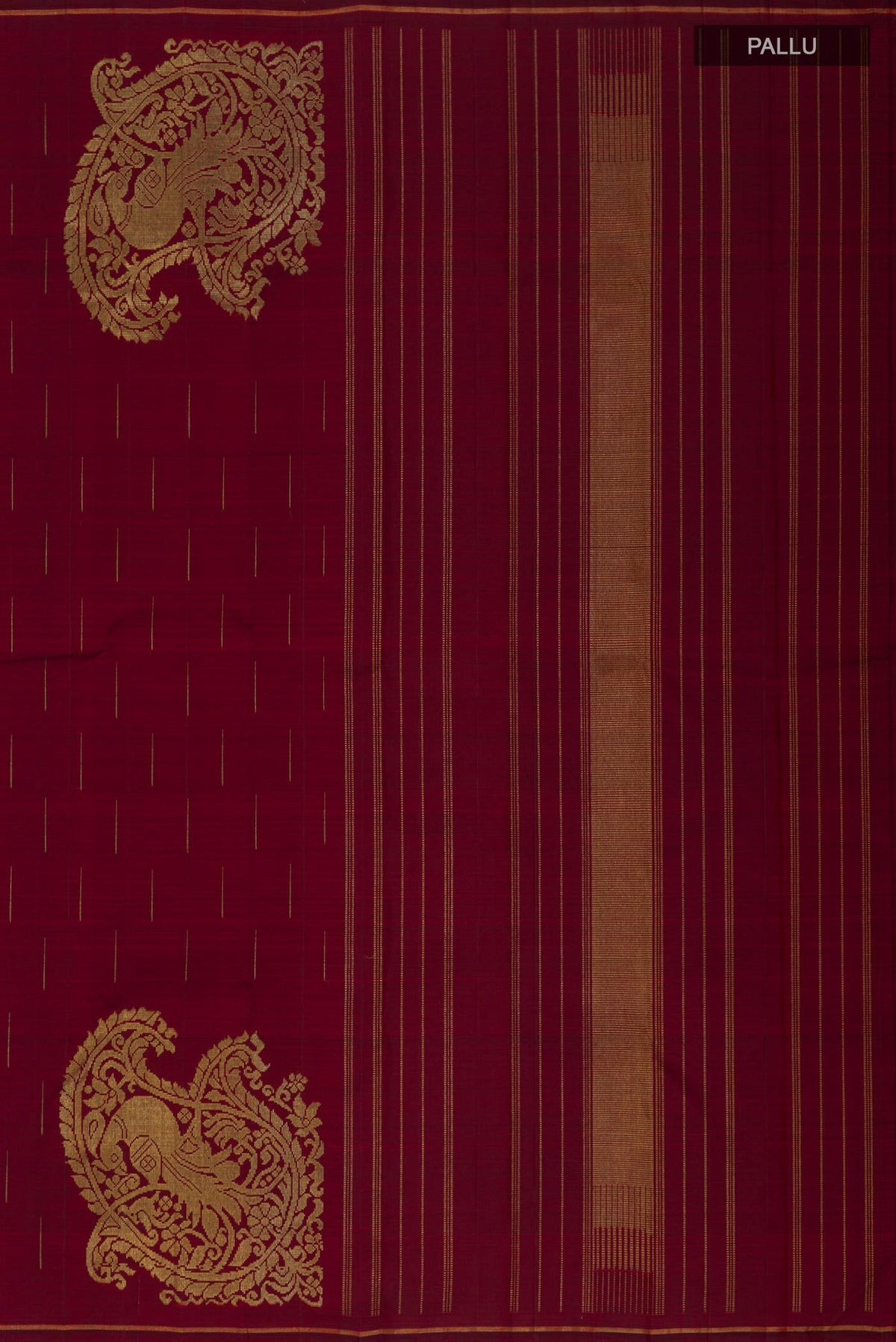 Close up image of the pallu of Maroon Kanjivaram Silk Saree with Fancy on the body and Thin Zari Line. 