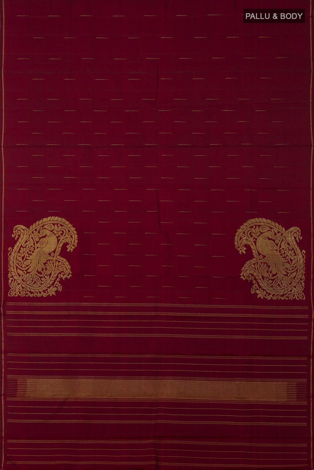 Flat view of Maroon Kanjivaram Silk Saree with Fancy on the body and Thin Zari Line. 
