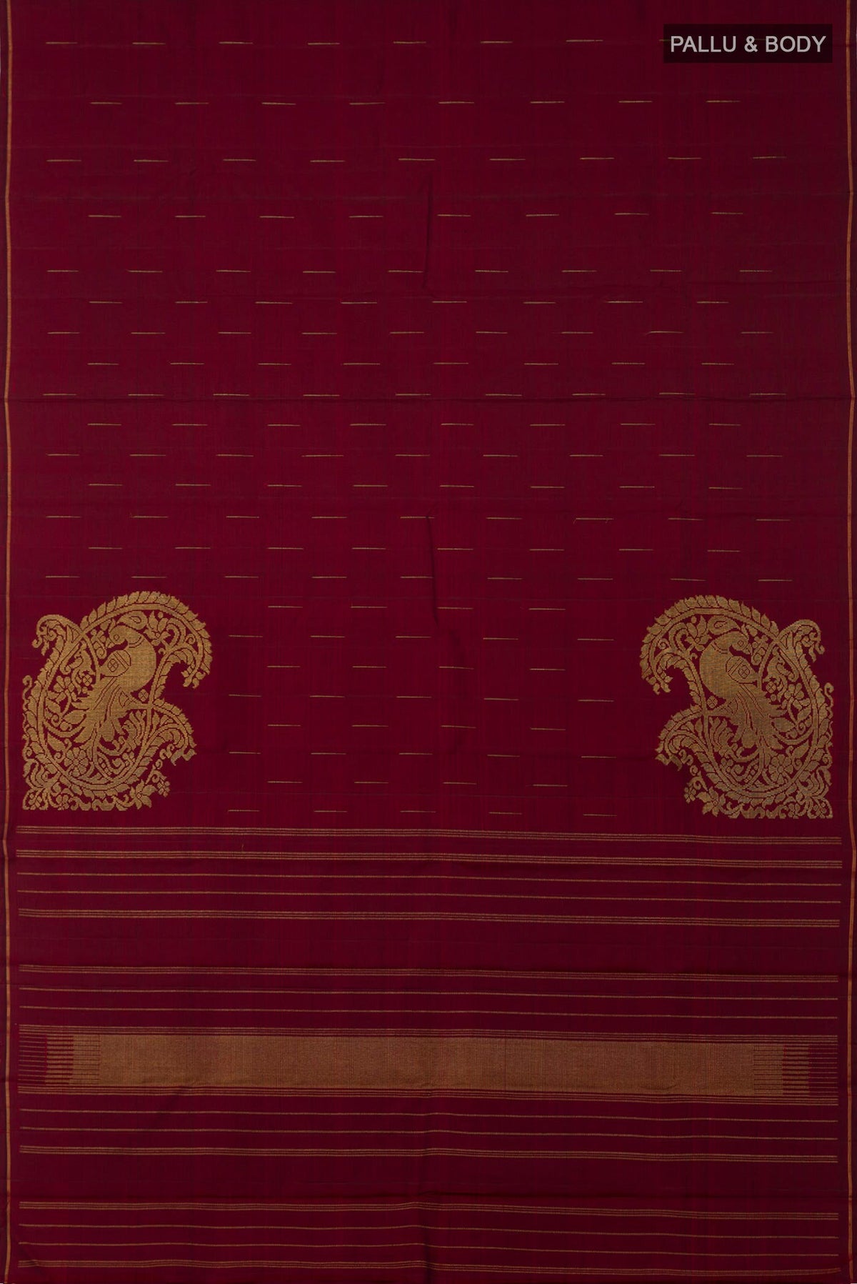 Flat view of Maroon Kanjivaram Silk Saree with Fancy on the body and Thin Zari Line. 