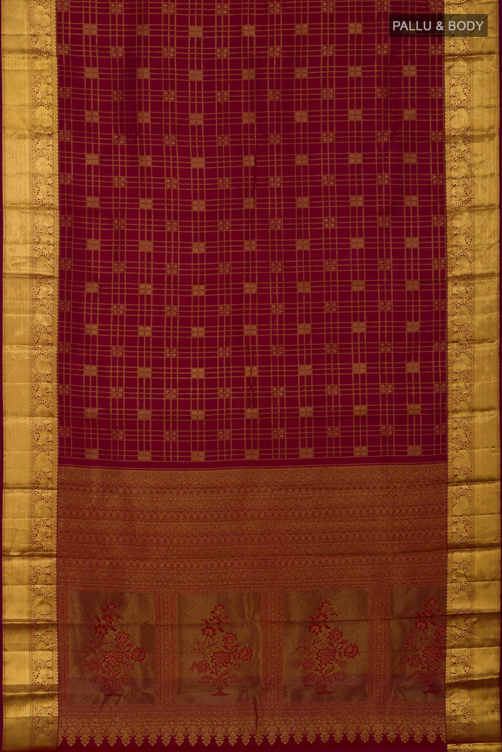 Flat view of Maroon Kanchipuram Saree with Zari Brocade on the body and Zari Border. 