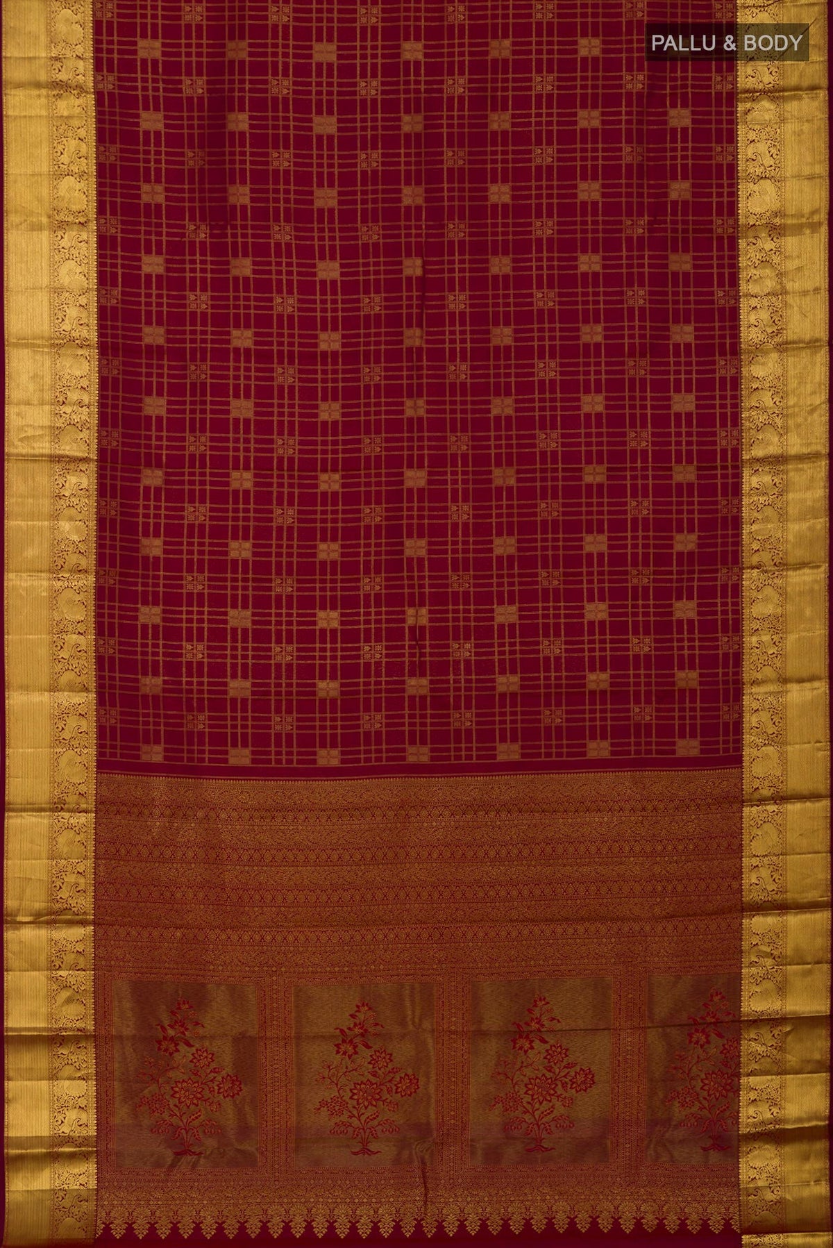 Flat view of Maroon Kanchipuram Saree with Zari Brocade on the body and Zari Border. 