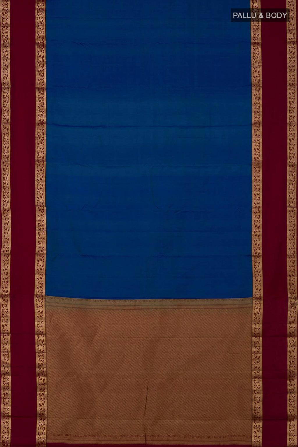 Flat view of Blue Kanchipuram Saree with Plain Body and Zari Border. 