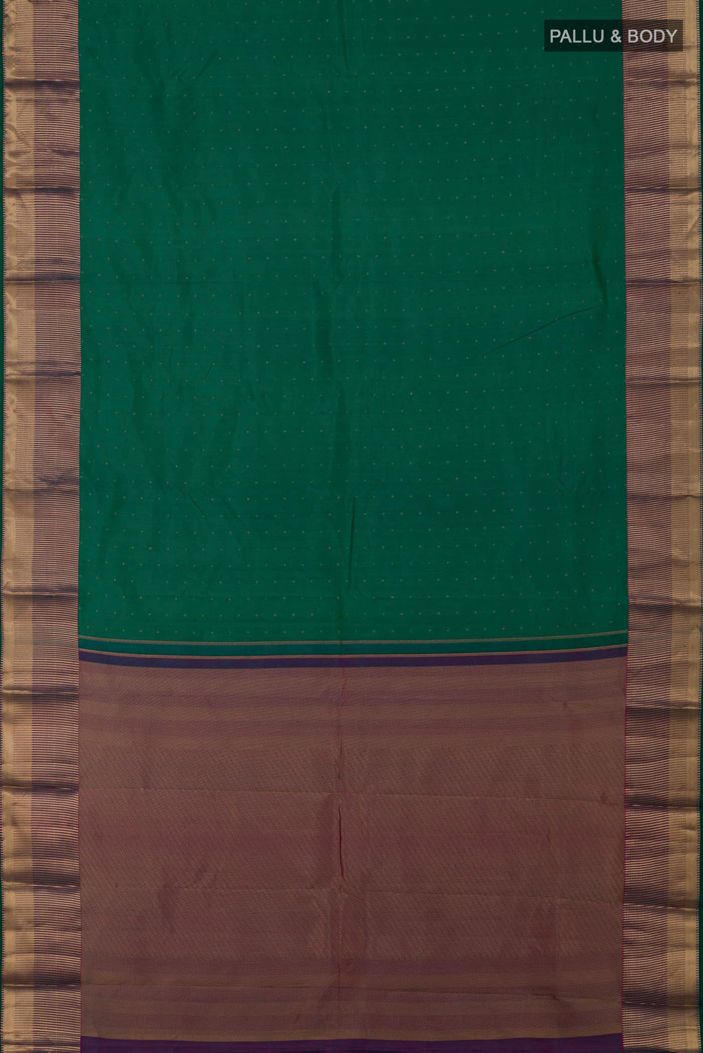 Flat view of Green Kanchipuram Silk Saree with Zari Butta on the body and Zari Border. 