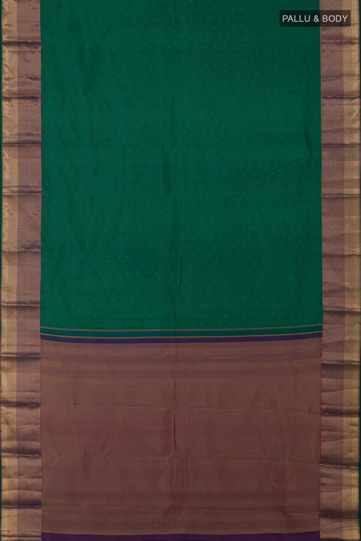Flat view of Green Kanchipuram Silk Saree with Zari Butta on the body and Zari Border. 
