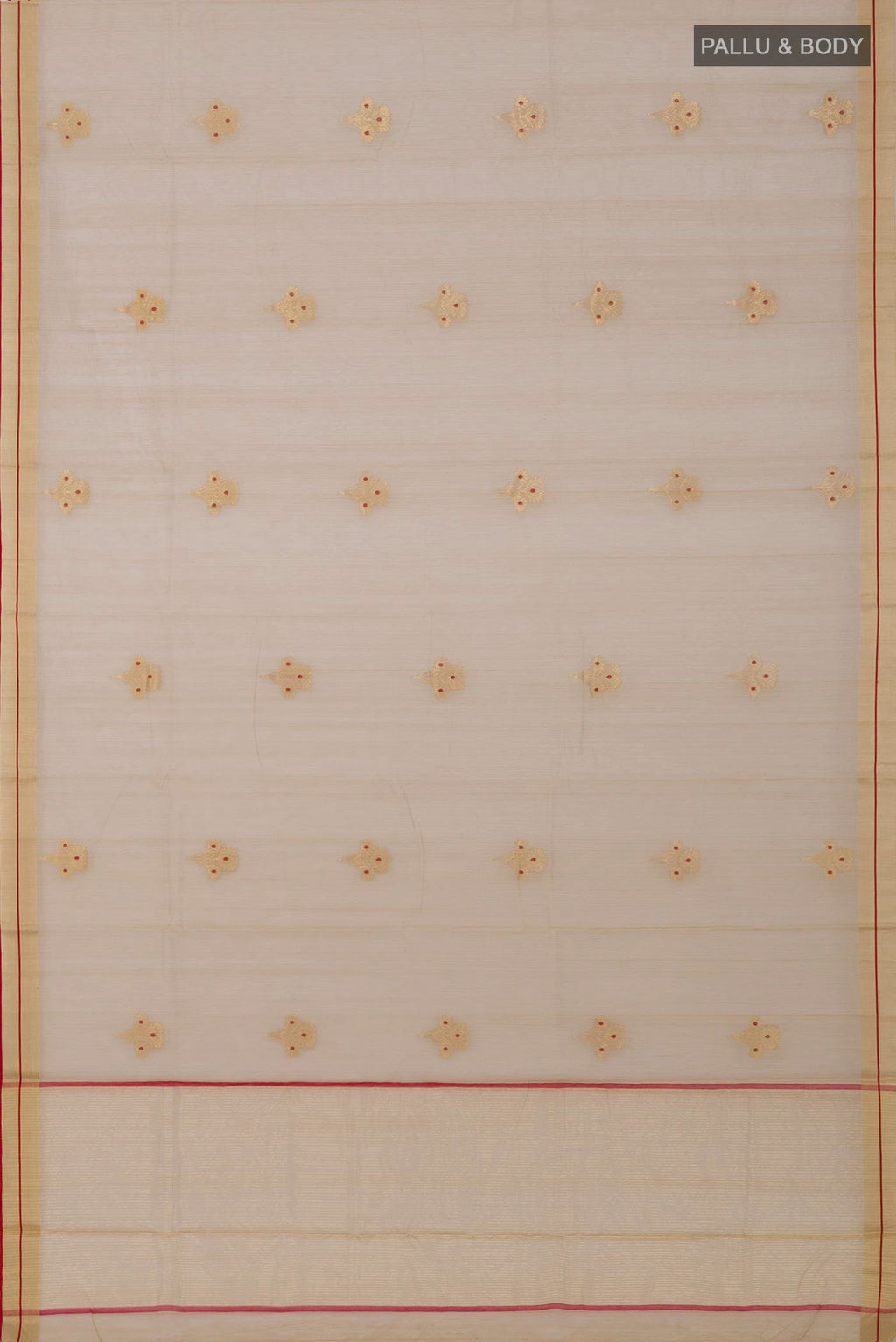 Flat view of Beige Chanderi Silk Cotton Saree with Zari And Thread Butta on the body and Zari Border. 