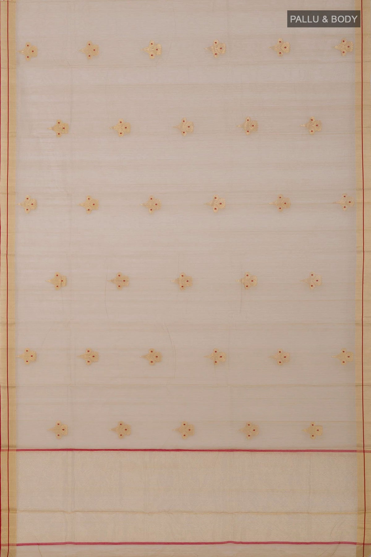 Flat view of Beige Chanderi Silk Cotton Saree with Zari And Thread Butta on the body and Zari Border. 