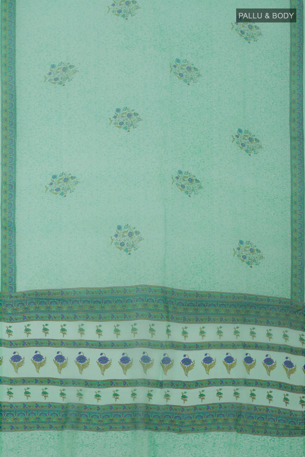 Flat view of Sea Green Mysore Chiffon Saree with Printed design on the body and Printed Border. 
