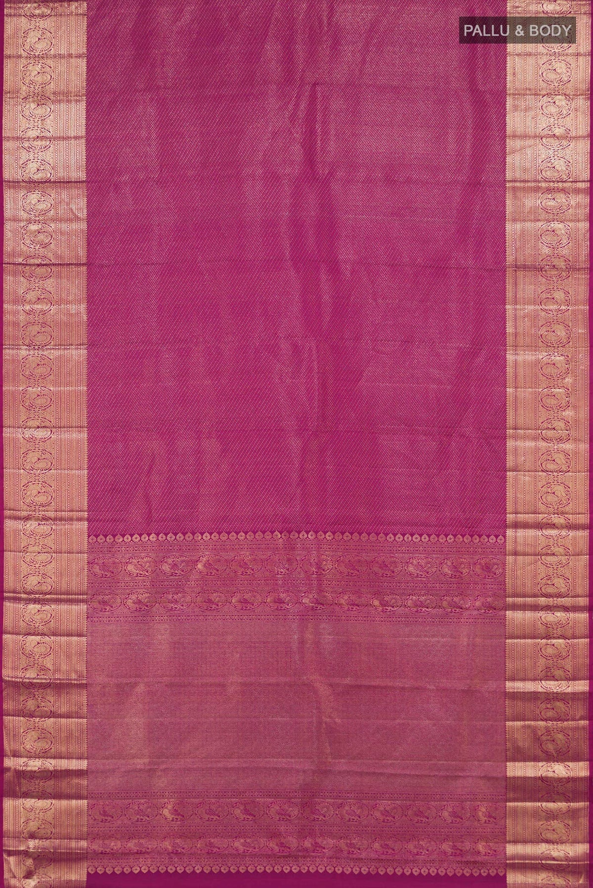 Flat view of Magenta Kanchipuram Silk Saree with Zari Brocade on the body and Zari Border. 
