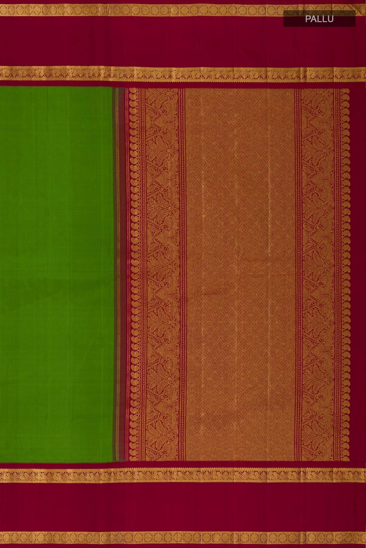 Close up image of the pallu of Pure Silk Pure Zari Green Kanchipuram Saree with Plain Body and Zari Border. 