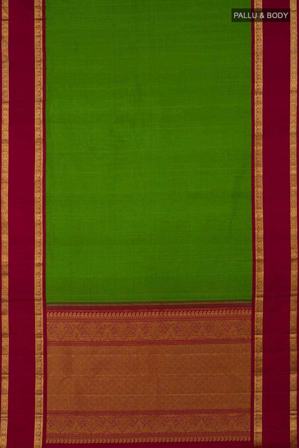 Flat view of Pure Silk Pure Zari Green Kanchipuram Saree with Plain Body and Zari Border. 
