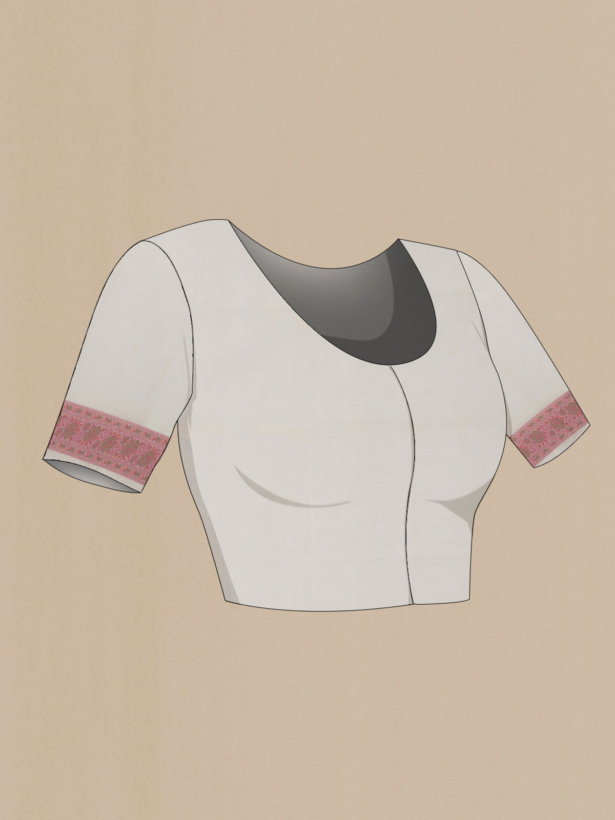 Close up image of the blouse of Off White Banarasi Saree with Thread Butta on the body and Thread Border. 