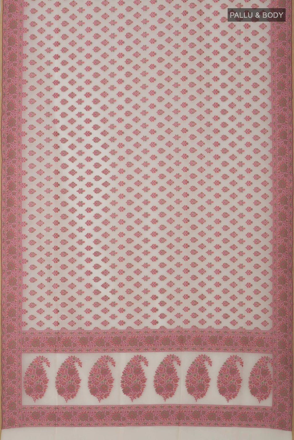 Flat view of Off White Banarasi Saree with Thread Butta on the body and Thread Border. 