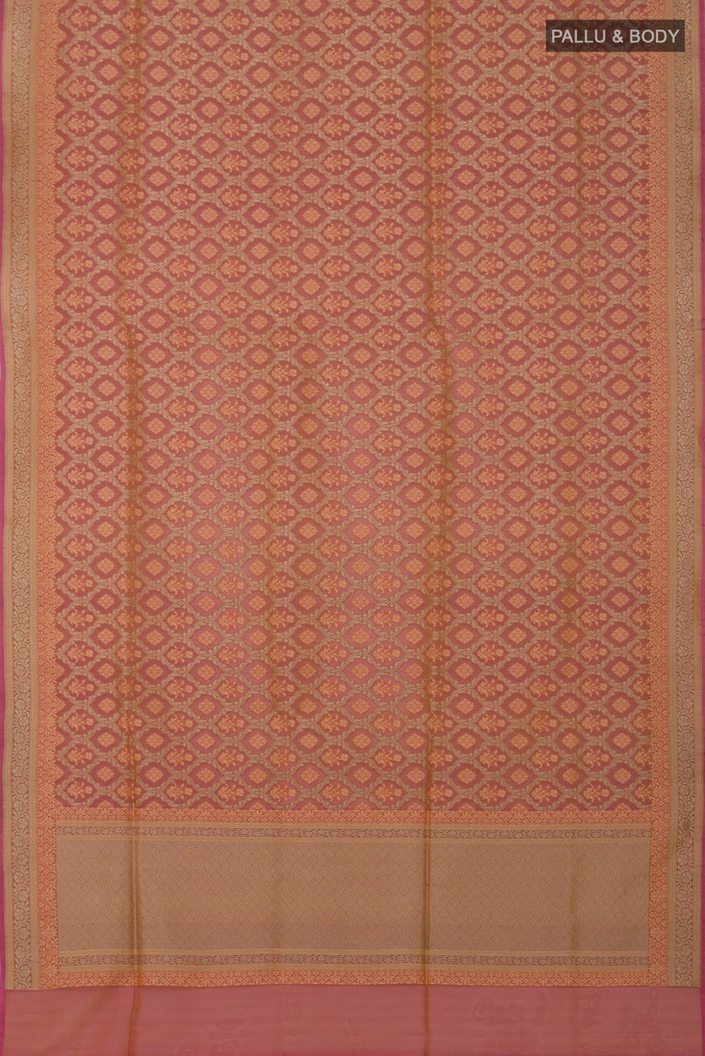 Flat view of Peach Banarasi Silk Saree with Zari And Thread Butta on the body and Zari Border. 