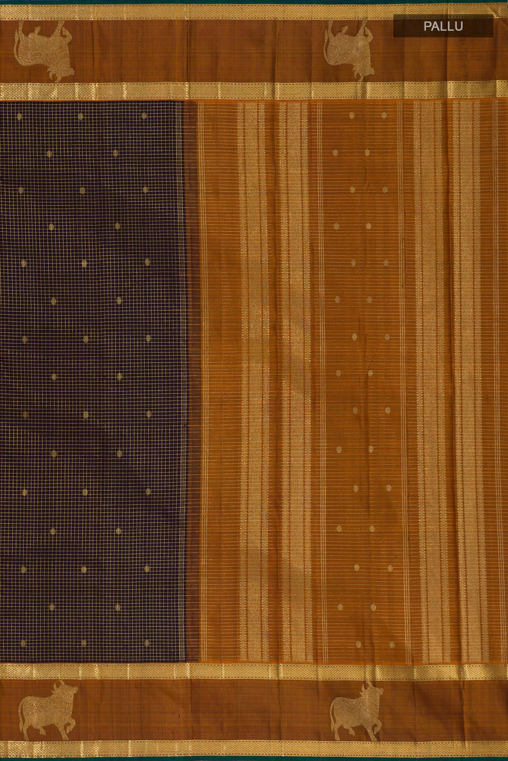 Close up image of the pallu of Coffee Brown Kanchipuram Silk Saree with Checked design on the body and Zari Border. 