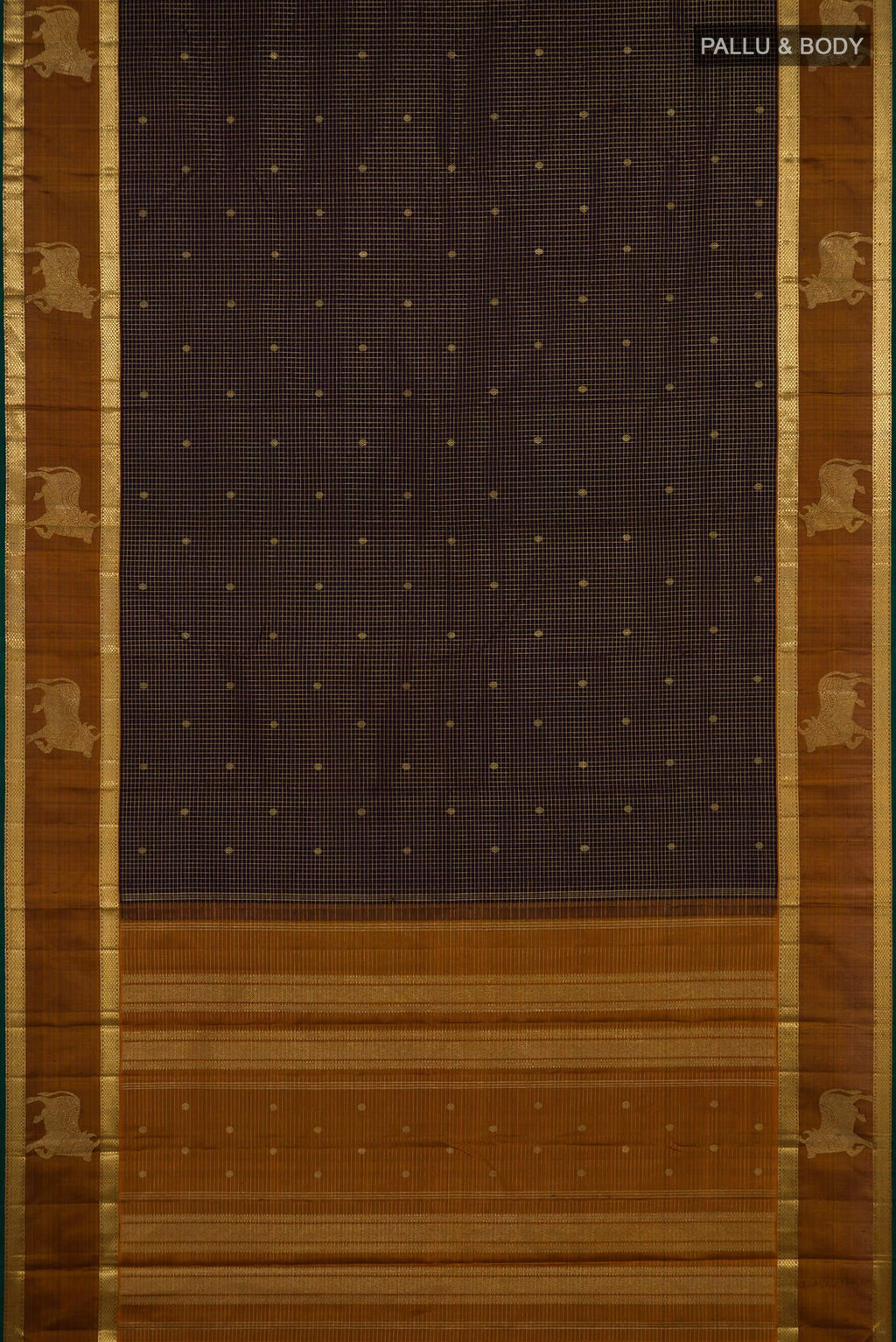 Flat view of Coffee Brown Kanchipuram Silk Saree with Checked design on the body and Zari Border. 