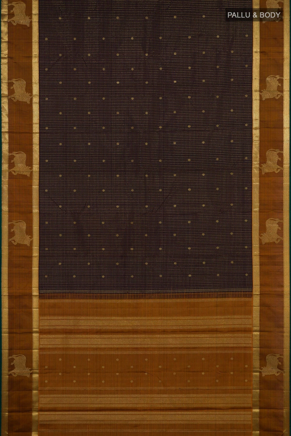 Flat view of Coffee Brown Kanchipuram Silk Saree with Checked design on the body and Zari Border. 