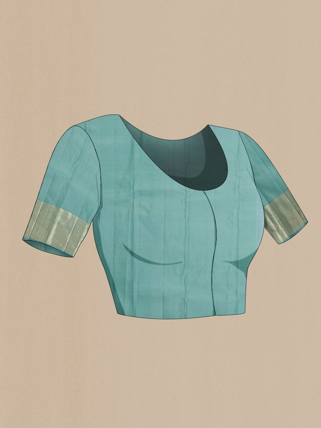 Close up image of the blouse of Light Blue Kanchipuram Silk Saree with Zari Brocade on the body and Zari Border. 