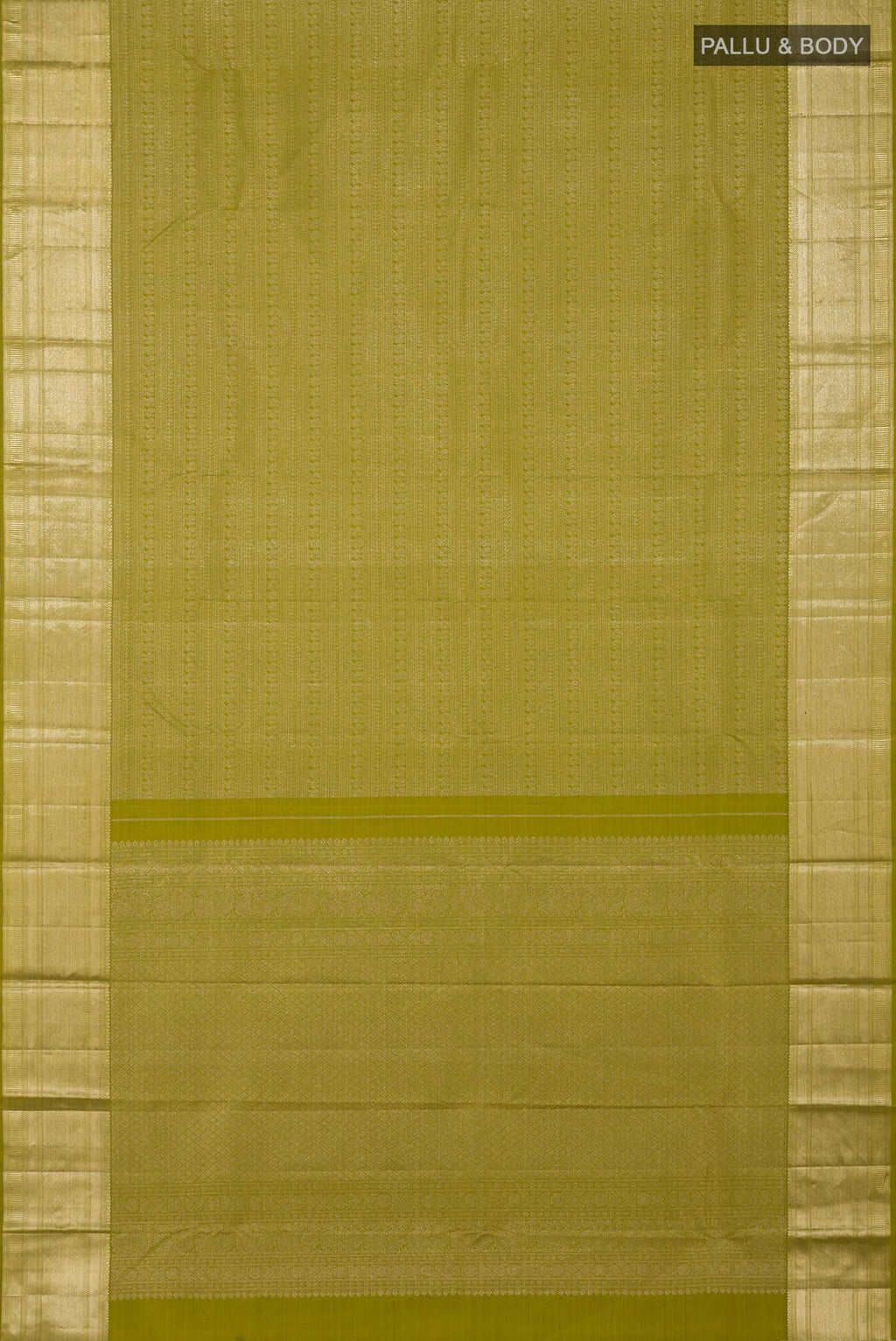 Flat view of Green Kanchipuram Saree with Zari Brocade on the body and Zari Border. 