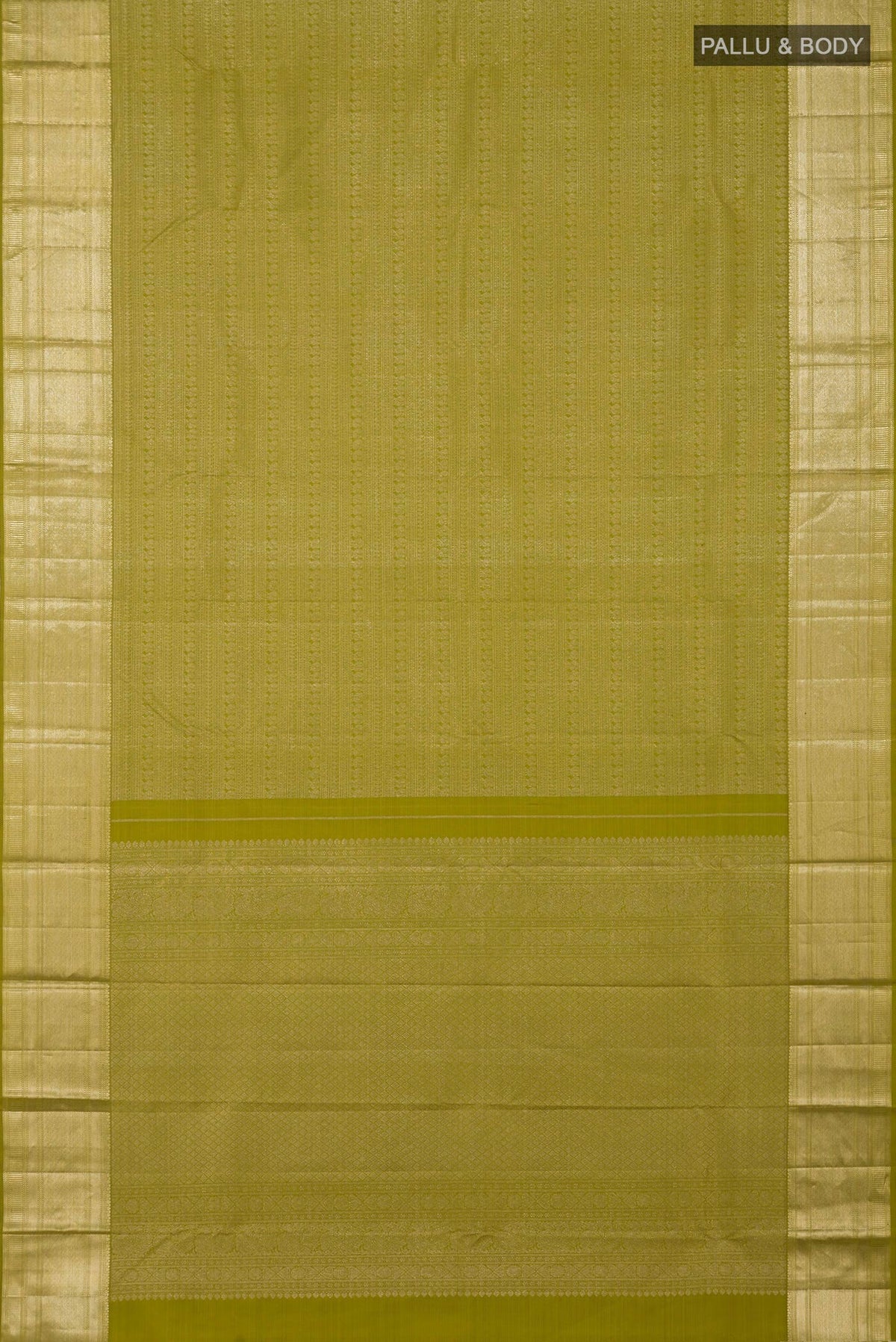Flat view of Green Kanchipuram Saree with Zari Brocade on the body and Zari Border. 