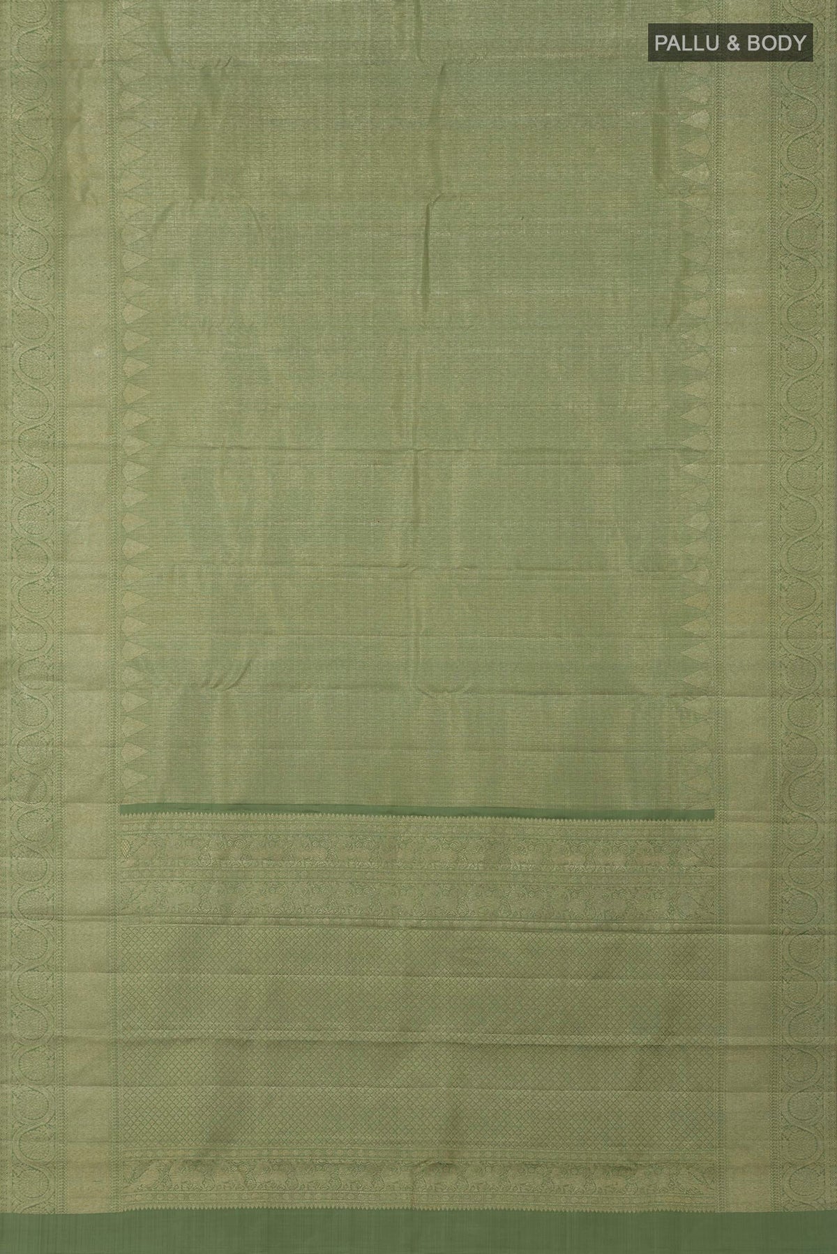 Flat view of Pista Green Kanchipuram Silk Saree with Zari Brocade on the body and Zari Border. 