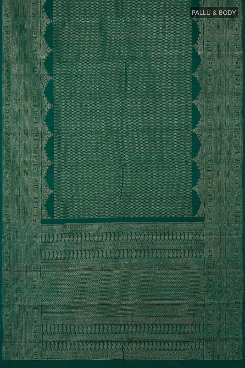 Flat view of Green Kanchipuram Silk Saree with Zari Brocade on the body and Fancy Border. 