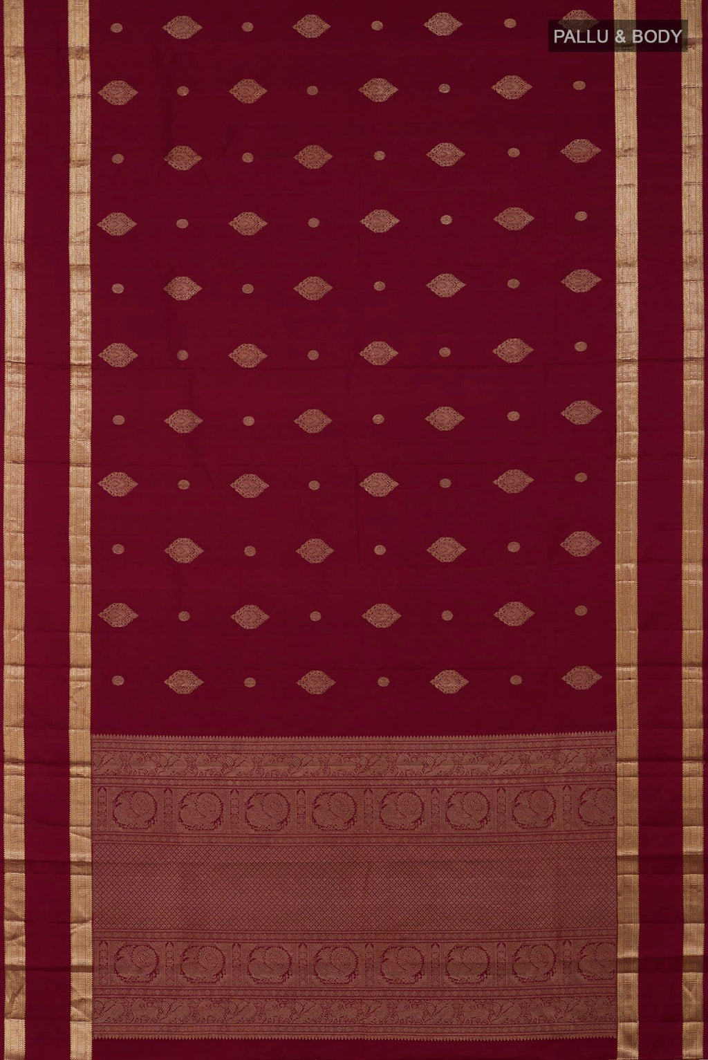 Flat view of Maroon Kanjivaram Silk Saree with Zari Butta on the body and Zari Border. 