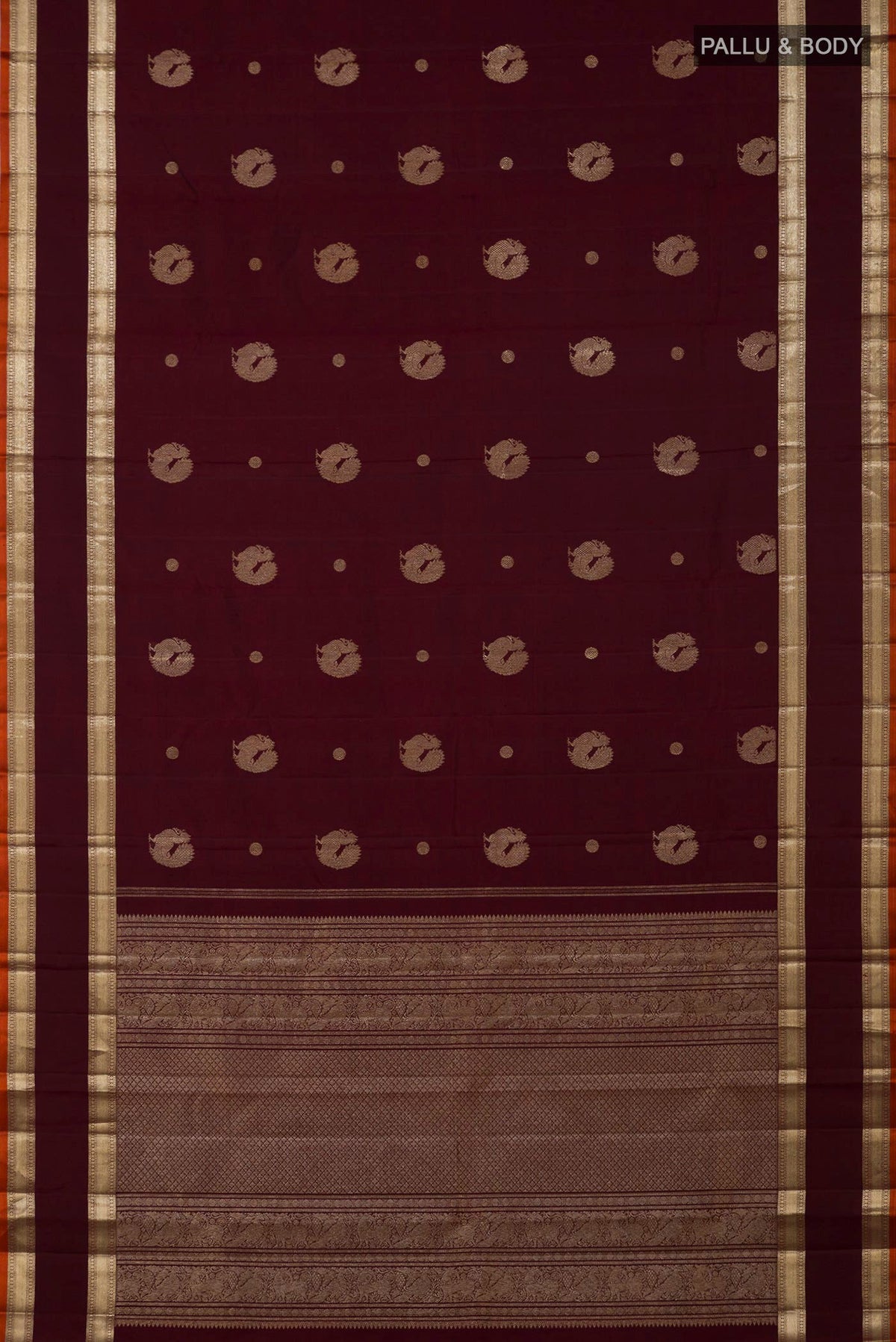 Flat view of Maroon Kanjivaram Silk Saree with Zari Butta on the body and Zari Border. 