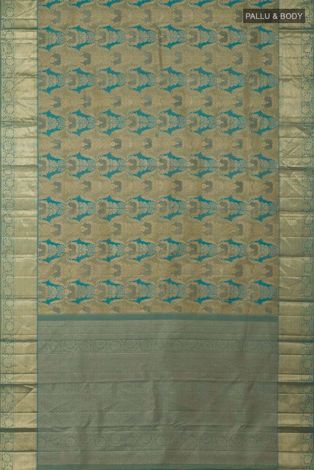 Flat view of Blue Kanjivaram Silk Saree with Zari Brocade on the body and Zari Border. 