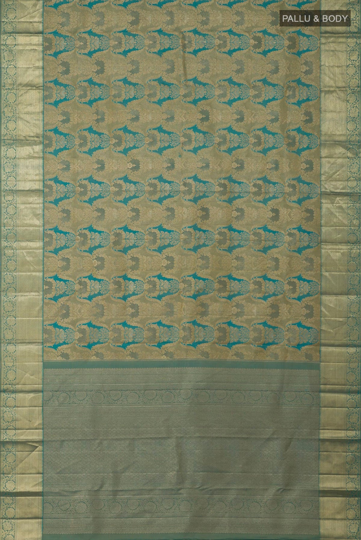 Flat view of Blue Kanjivaram Silk Saree with Zari Brocade on the body and Zari Border. 