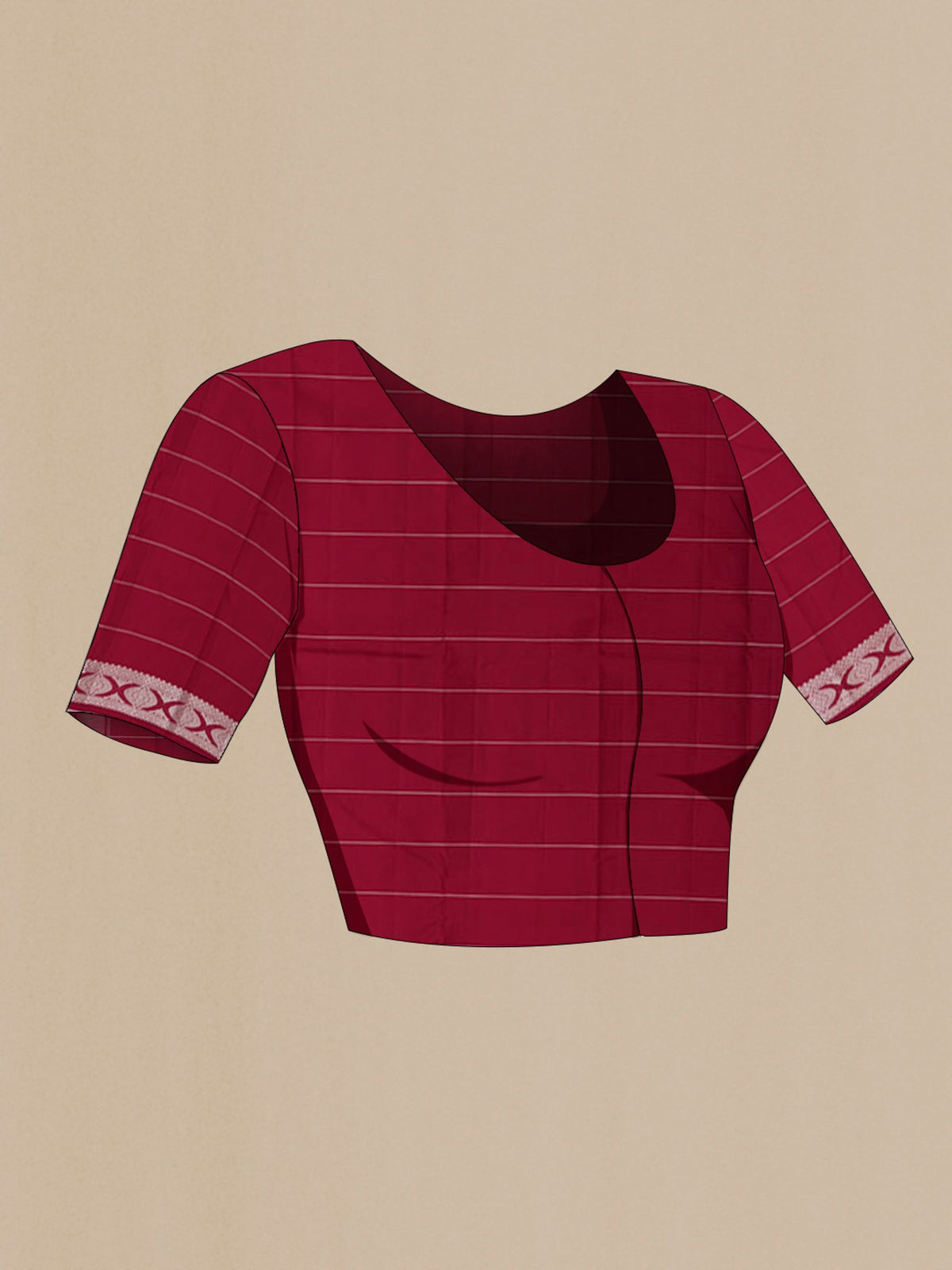 Close up image of the blouse of Maroon Kanjivaram Saree with Checked design on the body and Thread Border. 