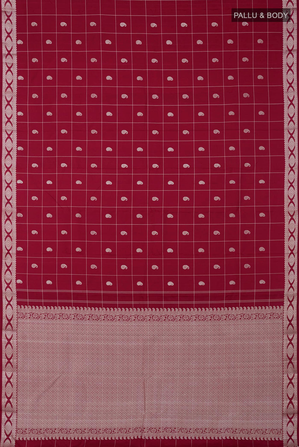 Flat view of Maroon Kanjivaram Saree with Checked design on the body and Thread Border. 