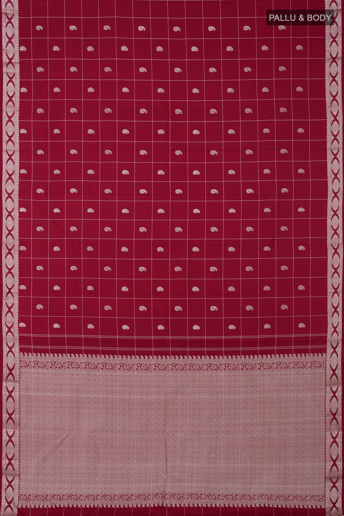 Flat view of Maroon Kanjivaram Saree with Checked design on the body and Thread Border. 
